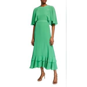 Alexis Green Silk Cateline Cape Sleeve Midi Dress Size M Formal Elegant